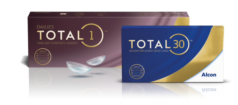 Product box shots for Dailies Total1 daily and Total30 monthly contact lenses by Alcon