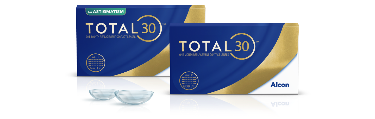 Productverpakkingen van TOTAL30 for Astigmatism en TOTAL30 maandlenzen van Alcon