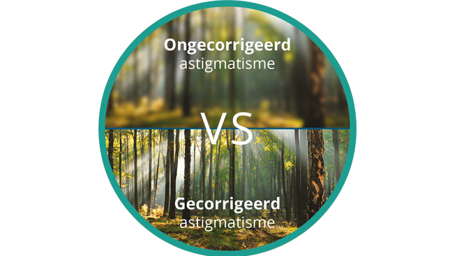 Onscherp beeld van bos met astigmatisme vergeleken met helder en scherp beeld van bos met gecorrigeerd astigmatisme