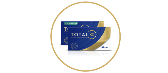 Productverpakkingen van TOTAL30 for Astigmatism en TOTAL30 maandlenzen van Alcon