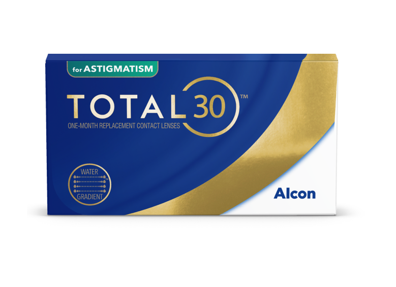 Продуктова опаковка на едномесечни контактни лещи Total30 for Astigmatism се носи сред облаци