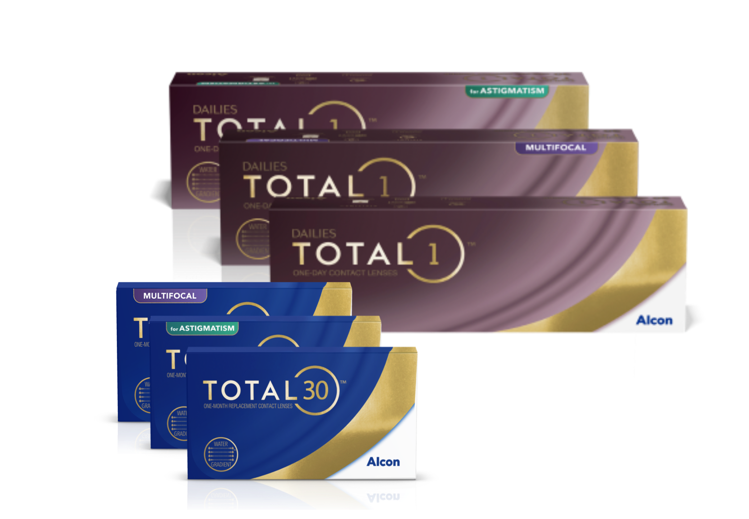 Снимки на продуктови опаковки на фамилиите контактни лещи от бранда Total, включващи еднодневни лещи Dailies Total1, Dailies Total1 Multifocal, Dailies Total1 for Astigmatism и едномесечни лещи Total30, Total30 Multifocal и Total30 for Astigmatism.