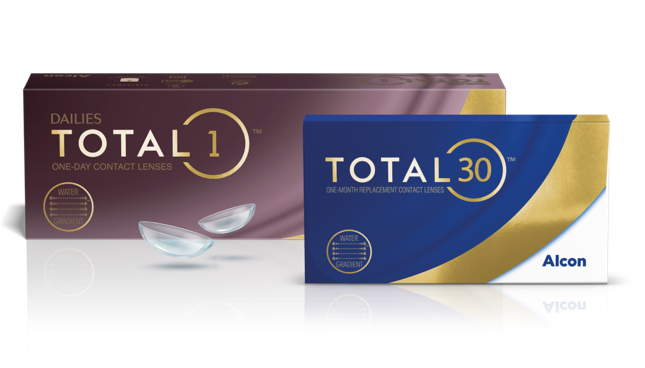 Produktverpackungen für Dailies Total1 Tageskontaktlinsen und Total30 Monatskontaktlinsen von Alcon