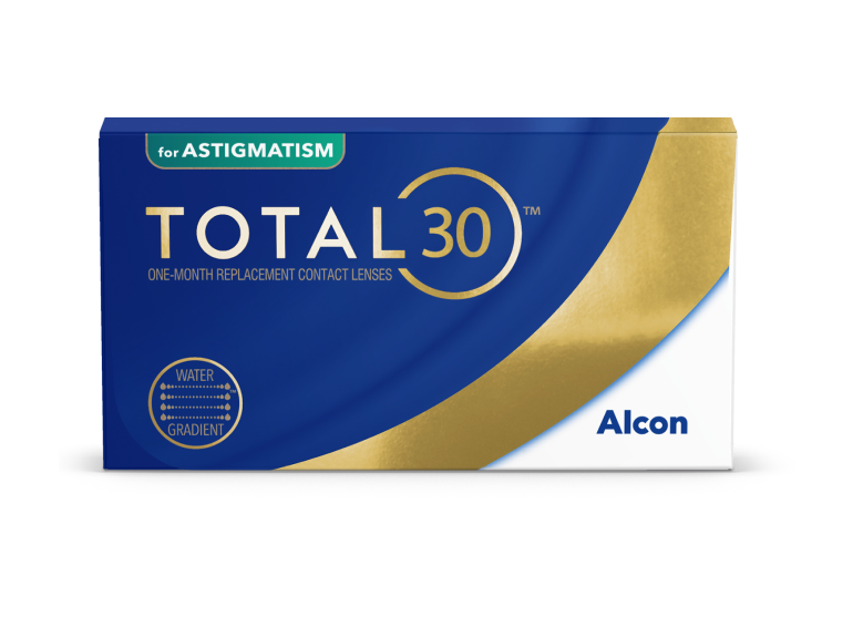Total30 for Astigmatism Produktverpackung für Monatslinsen schwebt zwischen Wolken