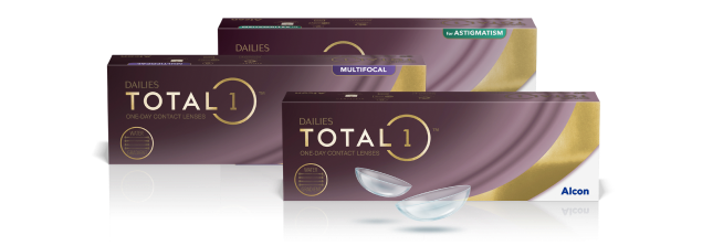 Produktové krabičky pro čočky Dailies Total1, Total1 for Astigmatism, a Total1 Multifocal denní vyměnitelné kontaktní čočky