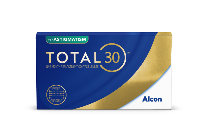 Total30 for Astigmatism měsíční vyměnitelné kontaktní čočky produktová krabička od Alconu