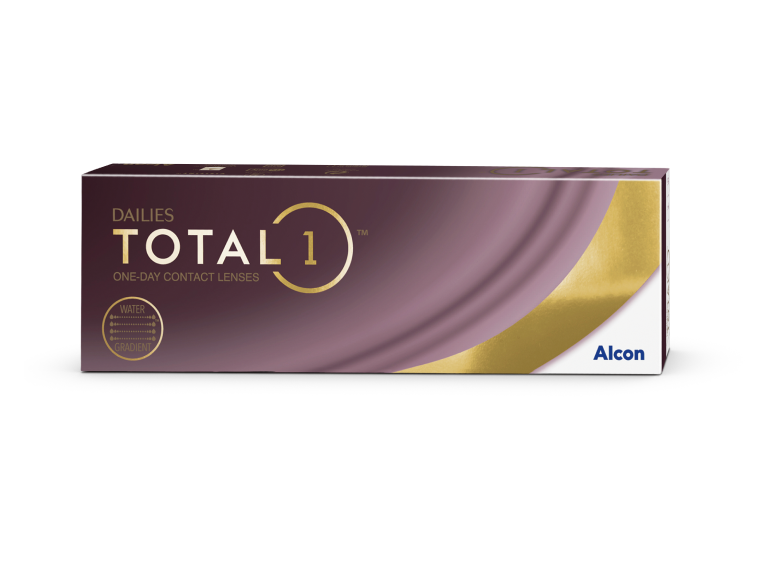 Dailies Total1 denní vyměnitelné kontaktní čočky, produktová krabička na barevném pozadí s obláčky