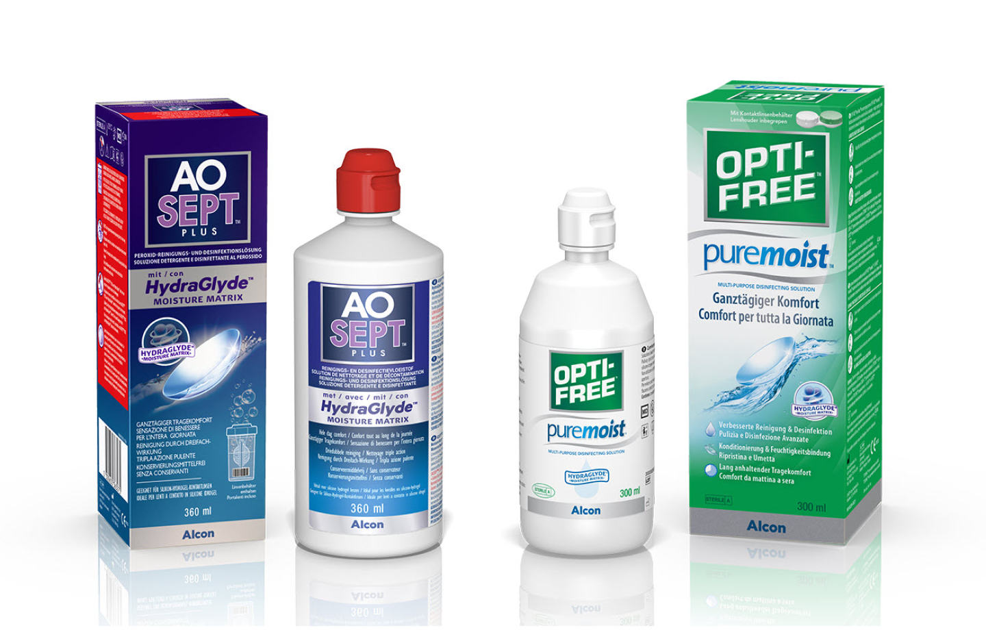 Produktverpackung und Flasche von AO Sept und Opti-free Puremoist Kontaktlinsenlösung von Alcon