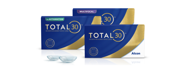 Produktverpackung von Total30 for Astigmatism, Total30 und Total30 multifocal Monatslinsen von Alcon