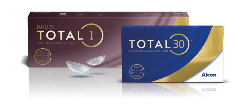 Cajas de producto de lentes de contacto diarias Dailies Total1 y lentes de contacto mensuales Total30 de Alcon