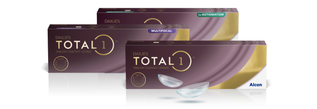 Imágenes de cajas de producto de lentes de contacto desechables Dailies Total1, Dailies Total1 para astigmatismo y Dailies Total1 multifocales