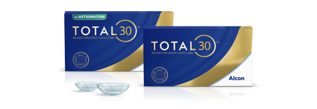 Imágenes de cajas de producto de lentes de contacto diarias Total30 y Total30 para astigmatismo