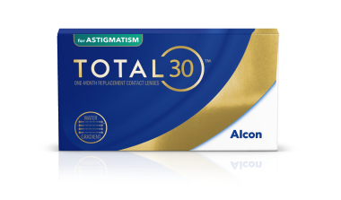 Caja de producto de lentes de contacto de sustitución mensual Total30 para astigmatismo de Alcon