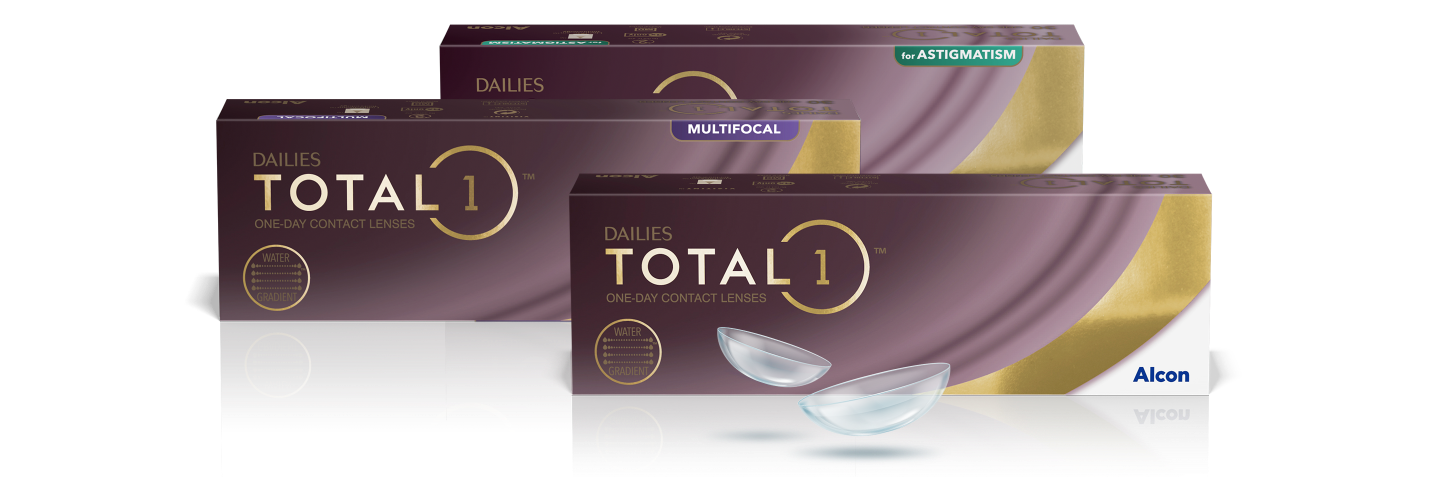 Cajas de producto de lentes de contacto desechables diarias Dailies Total1 para astigmatismo, Dailies Total1 multifocales y Dailies Total1