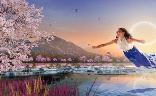 Mujer con brazos extendidos flotando sobre un lago con un bonito árbol en flor en primer plano y montañas en el fondo