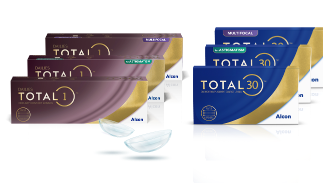 Imagen de las cajas de producto de la familia de lentes de contacto de día Total con Dailies Total1, Dailies Total1 multifocal y Dailies Total1 para astigmatismo, así como lentes de contacto mensualesTotal30 y Total 30 para astigmatismo de Alcon.