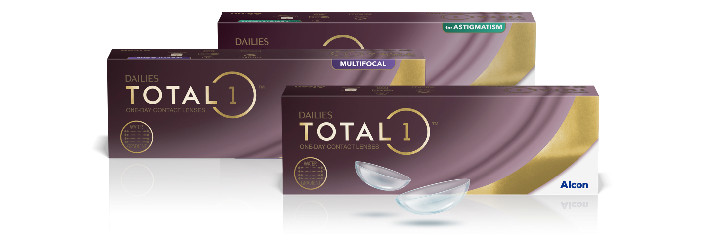Product boxes for Dailies Total1 Multifocal, Dailies Total1 for Astigmatism, and Dailies Total1 daily disposable contact lenses