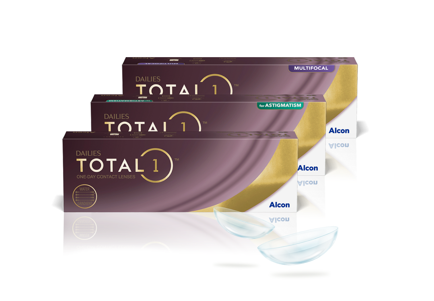 Product boxes for Dailies Total1, Dailies Total1 Multifocal, and Dailies Total1 for Astigmatism daily contact lenses