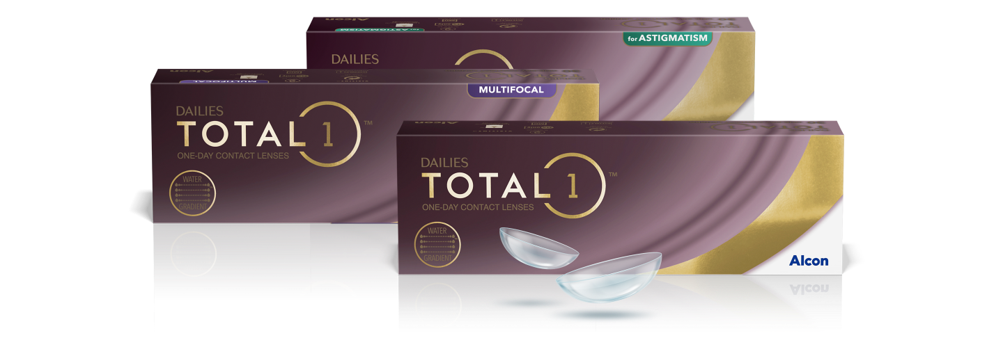 Alcon Dalies Total1 napi szférikus, Multifocal és for Astigmatism eldobható kontaklencsék termékdoboza 