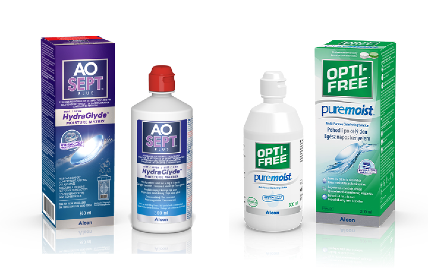 Alcon AOSept Plus HydraGlyde és Opti-free Puremoist kontaktlencse ápolószer termékdoboz és flakon 