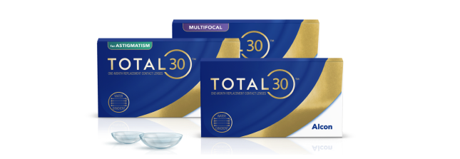 Terkmédoboz fotó az Alcon Total30 havi szférikus, Multifocal és for Astigmatism kontaklencsékről