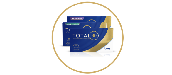 Alcon Total30 for Astigmatism, Total30 Multifocal és Total30 havi többször használatos kontaktlencse termékdoboz