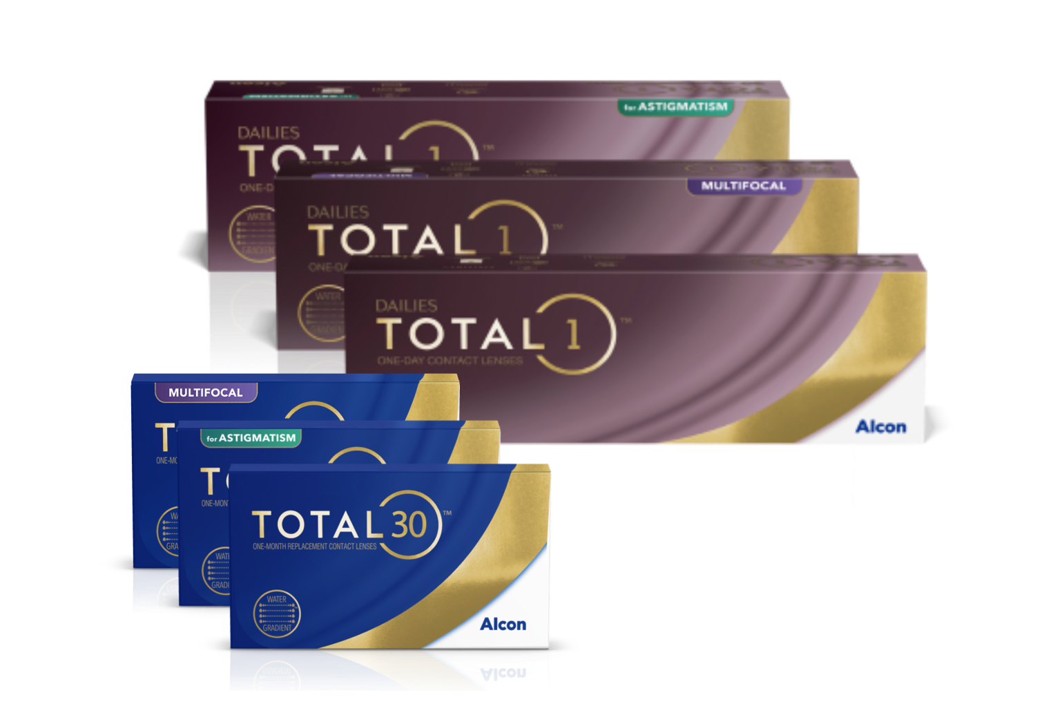 A Total termékcsalád termékdoboz fotói, ahol látható a Dailies Total1 napi lencse, Dailies Total1 Multifocal, Dailies Total1 for Astigmatism, Total30, Total30 Multifocal és Total30 for Astigmatism havi kontakt lencse 