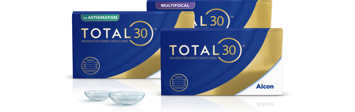 Alcon Total30 for Astigmatism, Total30 Multifocal és Total30 havi többször használatos kontaktlencse termékdobozok