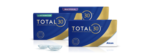 Immagini delle confezioni di lenti a contatto mensili Total30, Total30 for astigmatism e Total30 multifocal