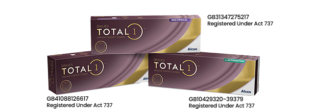 Product box shots for Dailies Total1 and Dailies Total1 Multifocal daily disposable contact lenses from Alcon