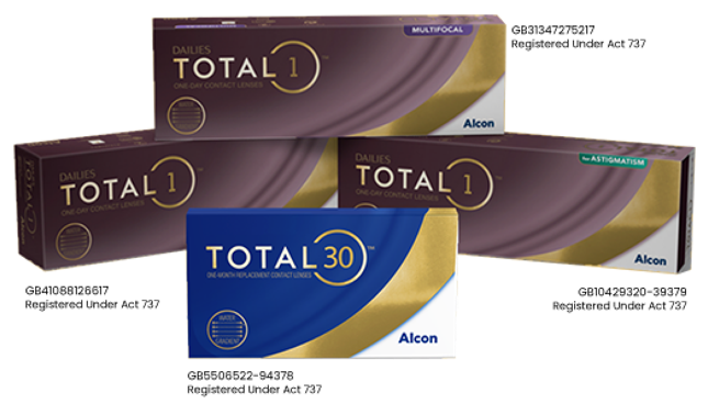 Product boxes for Total30 monthly contact lenses and Dailies Total1 daily, multifocal for astigmatism one-day contact lenses