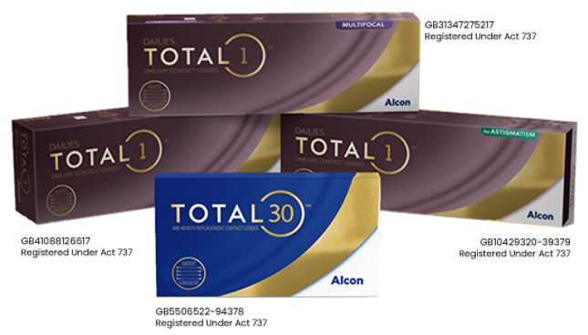 Product boxes for Total30 monthly contact lenses and Dailies Total1 daily, multifocal for astigmatism one-day contact lenses