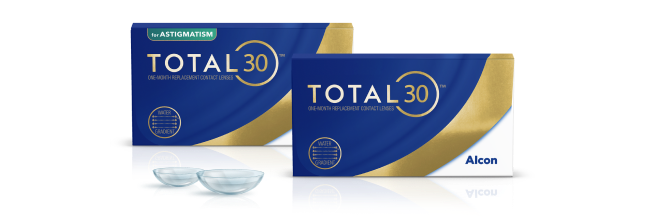 Imagem das embalagens de lentes de contacto mensais Total30 e Total30 for Astigmatism