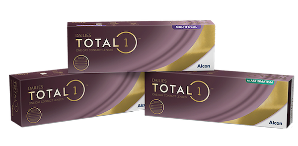 Product boxes for Dailies Total1, Dailies Total1 Multifocal, and Dailies Total1 for Astigmatism daily contact lenses