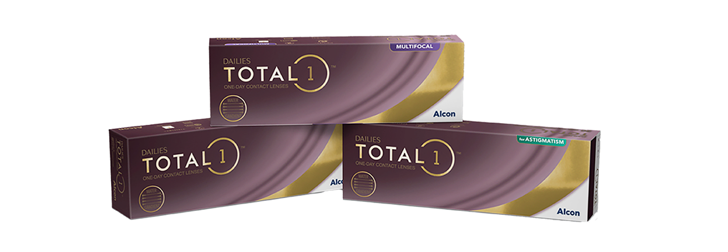 Product boxes for Dailies Total1, Dailies Total1 for Astigmatism, and Dailies Total1 Multifocal daily disposable contact lenses from Alcon
