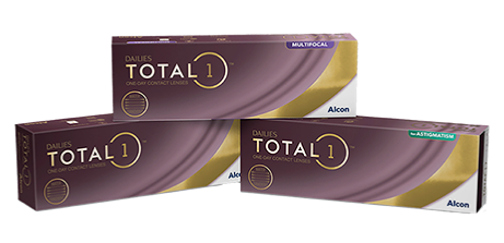 Product boxes for Dailies Total1, Dailies Total1 for Astigmatism, and Dailies Total1 Multifocal daily disposable contact lenses from Alcon