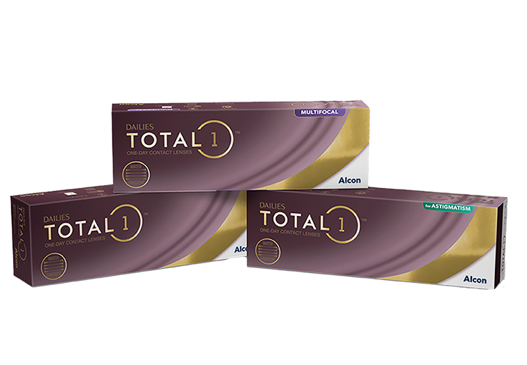 Product boxes for Dailies Total1, Dailies Total1 Multifocal, and Dailies Total1 for Astigmatism daily contact lenses