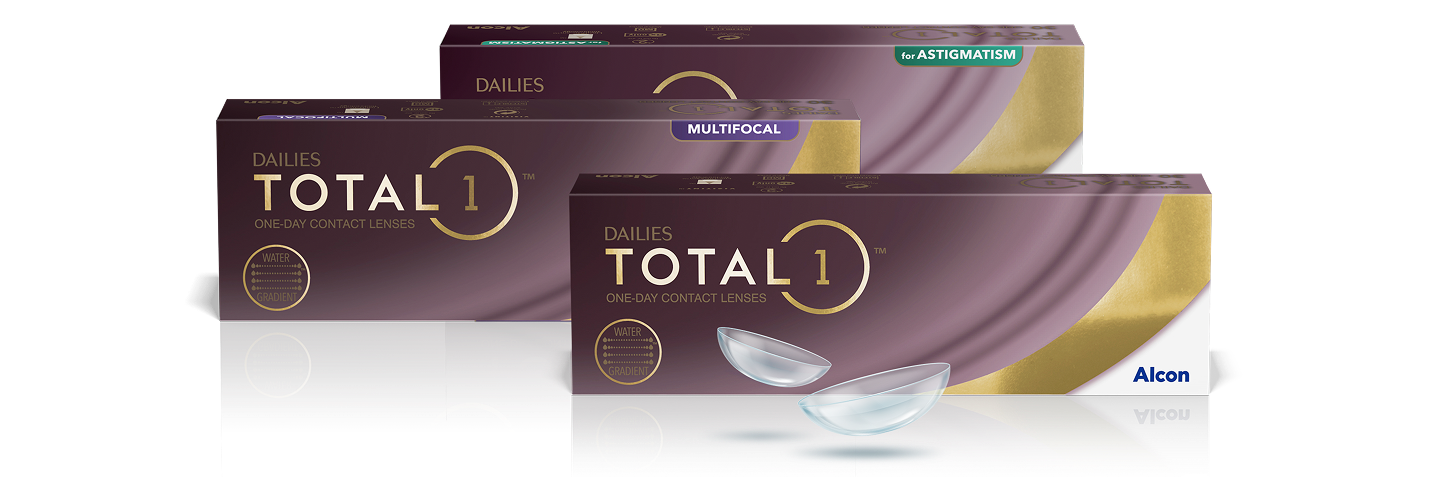 Product boxes for Dailies Total1, Dailies Total1 for Astigmatism, and Dailies Total1 Multifocal daily disposable contact lenses from Alcon