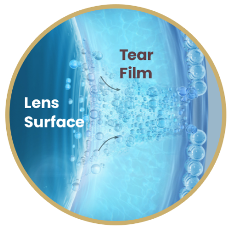 Close up image of lens surface releasing natural ingredient into lipid layer of tear film