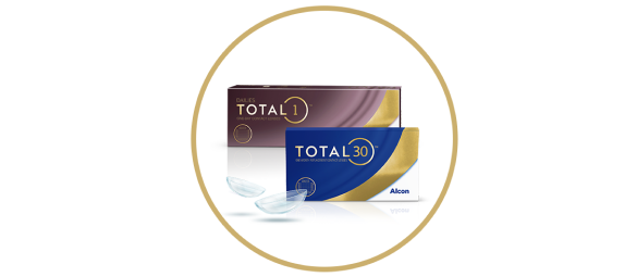 Product boxes for Dailies Total1 daily and Total30 monthly contact lenses