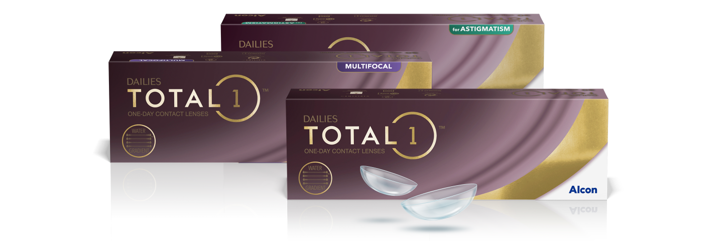 Dailies Total1 contact lenses product boxes for Total1 for Astigmatism, Total1 Multifocal, and Total1 daily lenses