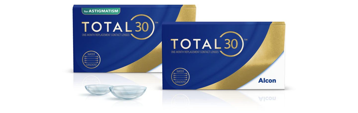 Product boxes for Total30 for Astigmatism and Total30 monthly replacement contact lenses by Alcon