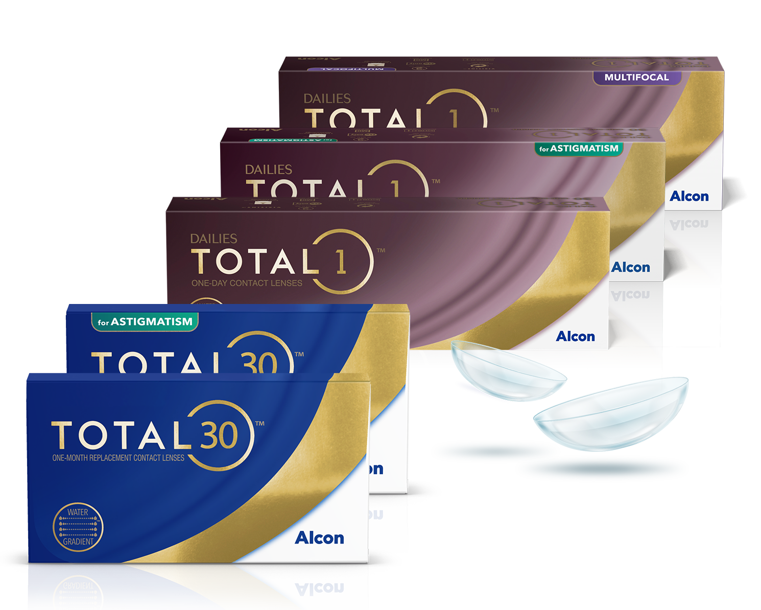 Family contact lens product box shots for Total including Dailies Total1, Dailies Total1 Multifocal, Dailies Total1 for Astigmatism, and Total30 monthly lenses