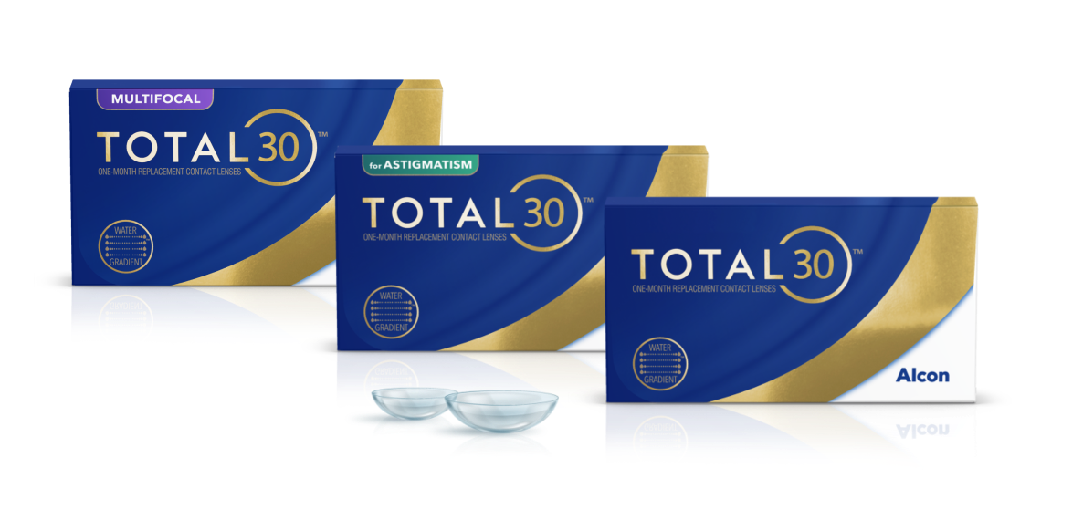 Product boxes for Total30 for Astigmatism and Total30 monthly replacement contact lenses by Alcon
