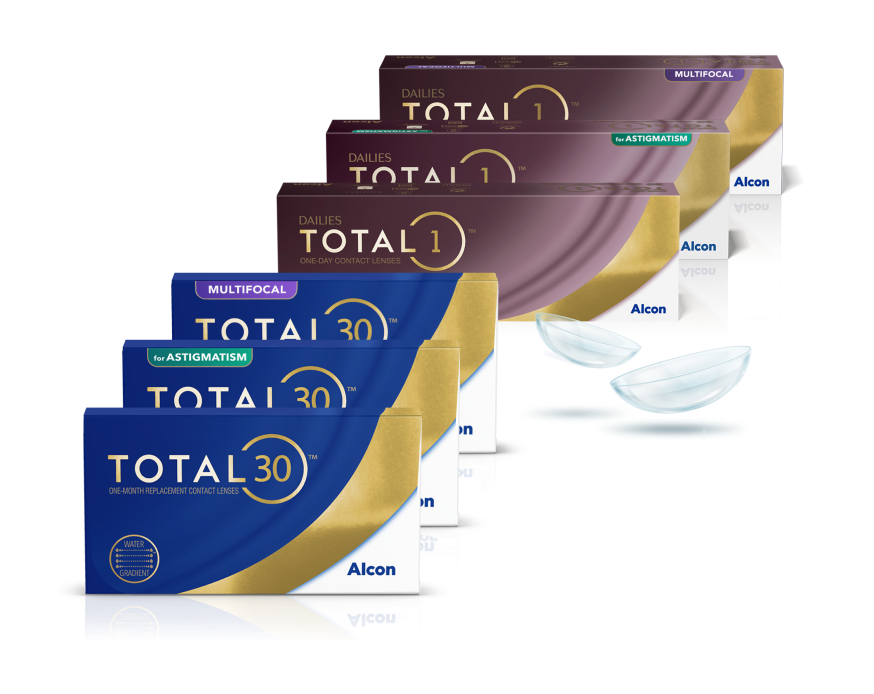 Family contact lens product box shots for Total including Dailies Total1, Dailies Total1 Multifocal, Dailies Total1 for Astigmatism, and Total30 monthly lenses
