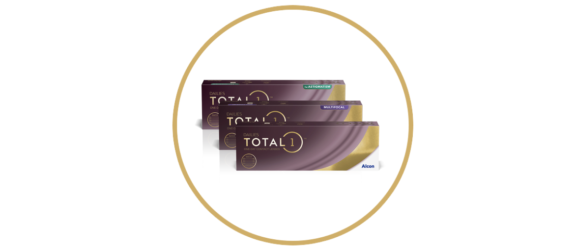 Box con le confezioni di lenti a contatto giornaliere Dailies Total1, Total1 for Astigmatism e Total1 Multifocal