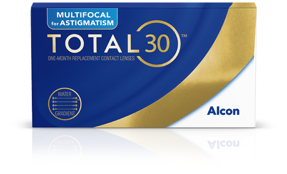 TOTAL30 multifocal for astigmatism monthly replacement contact lens product box floating in clouds