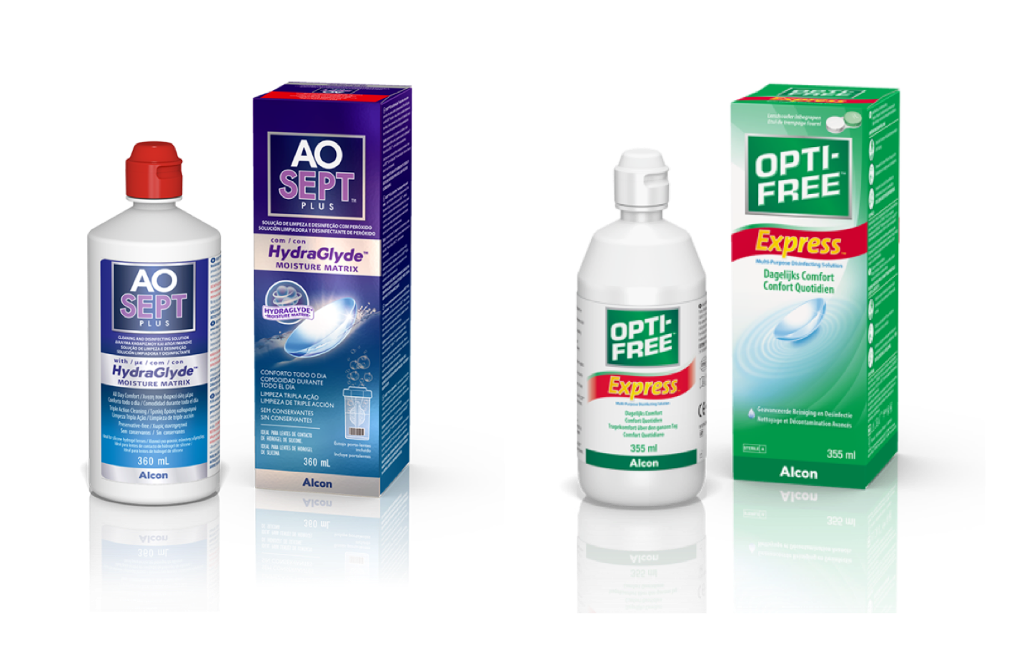 Confezioni di solizioni per lenti a contatto AO Sept e Opti-free Express di Alcon