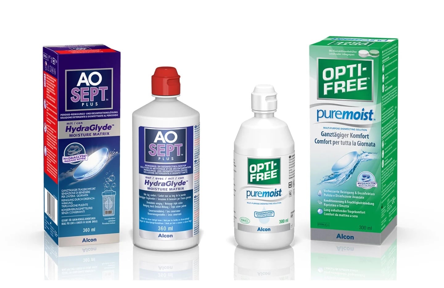 Produktverpackung und Flasche von AO Sept und Opti-free Puremoist Kontaktlinsenlösung von Alcon