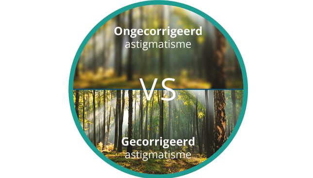 Onscherp beeld van bos met astigmatisme vergeleken met helder en scherp beeld van bos met gecorrigeerd astigmatisme